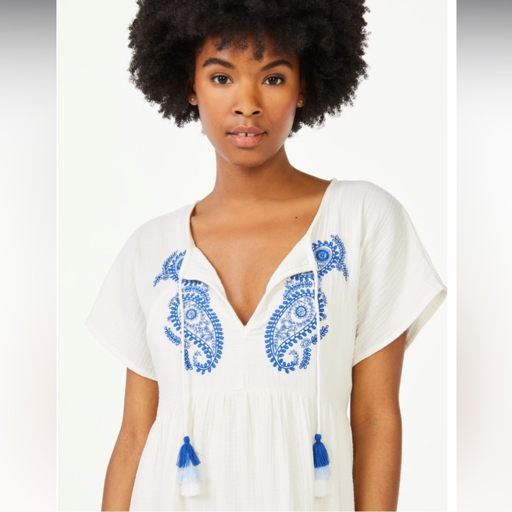 Cream and Blue Embroidered Dress